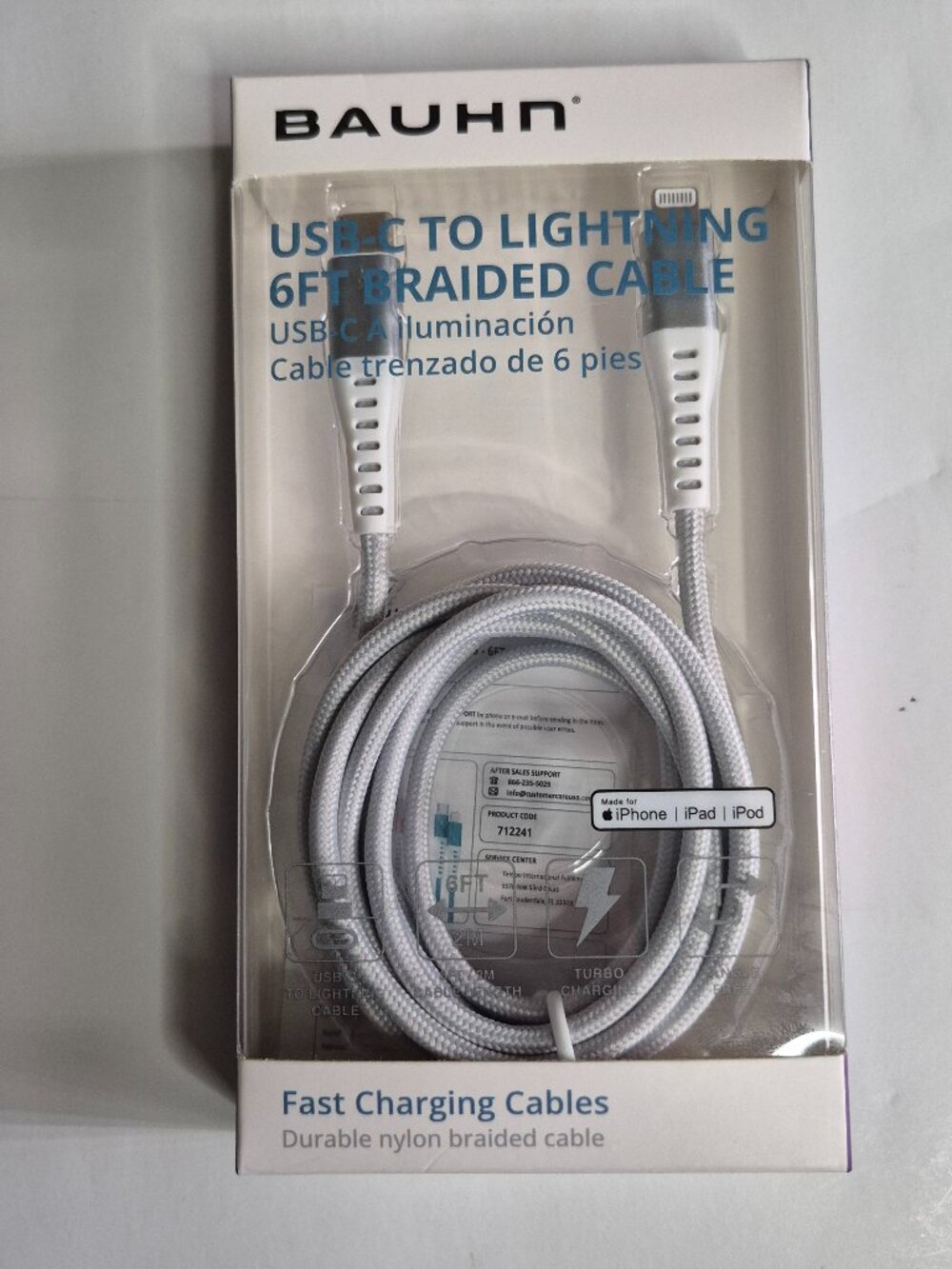 Bauhn Fast Charging Cable USB C to Lightning, 6FT Braided Cable, NEW